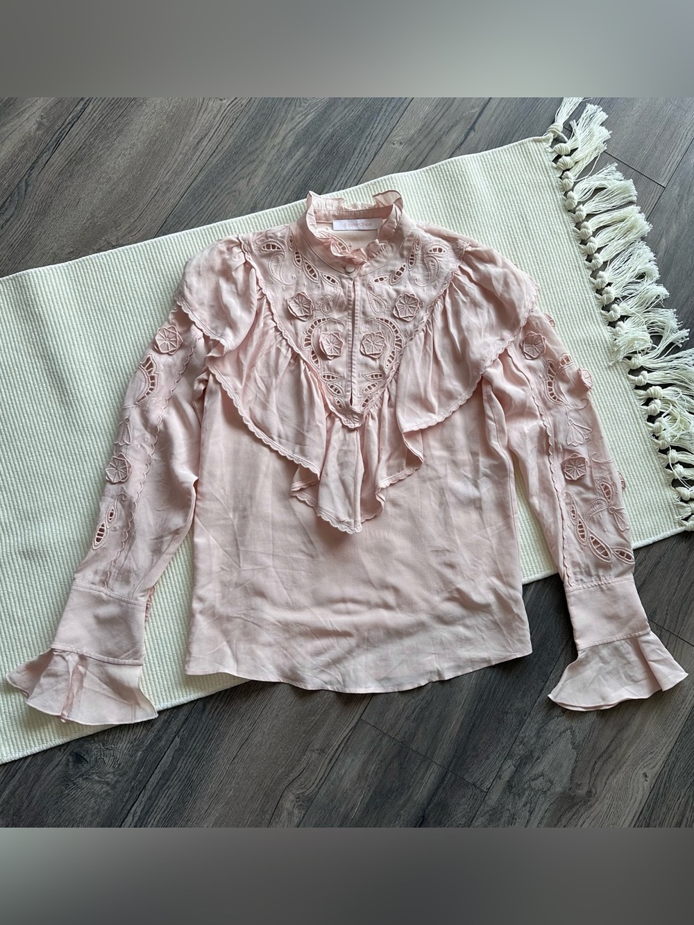 See by Chloe Frill High Neck Ruffled Blouse in Smoky Pink